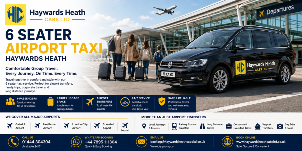 6 seater airport taxi in Haywards Heath for group airport transfers