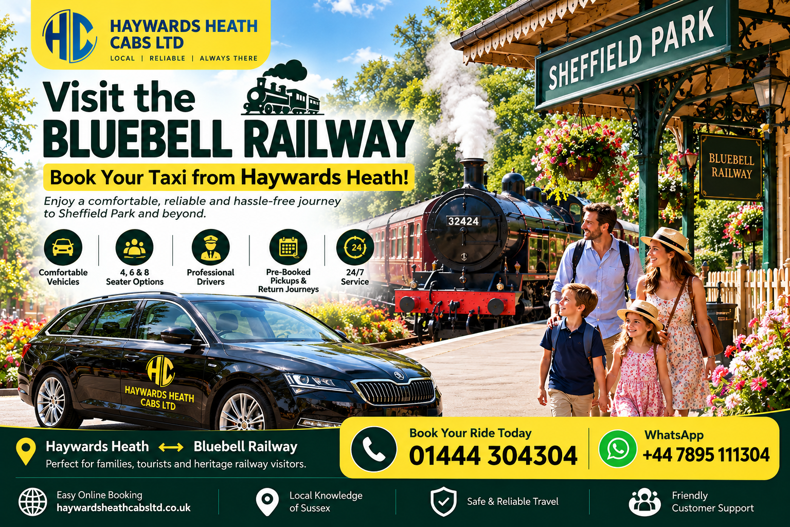 Haywards Heath to Bluebell Railway Taxi by Haywards Heath Cabs Ltd, offering comfortable transfers to Sheffield Park Station in Sussex.